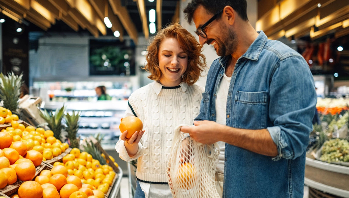 A young couple is grocery shopping in a well-lit supermarket